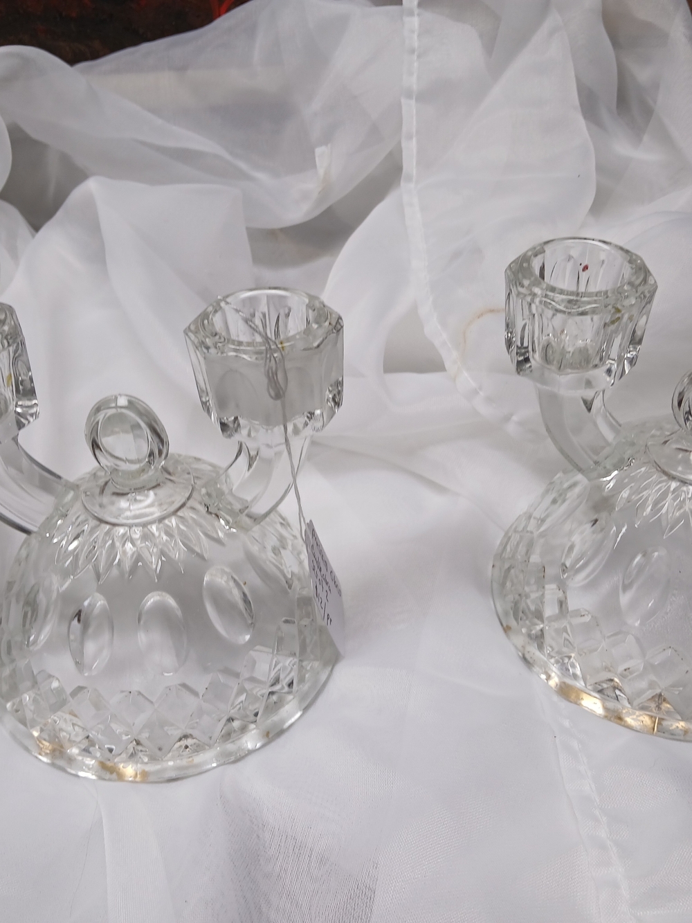 Clear Cut Glass Double Candle Holders - Pair